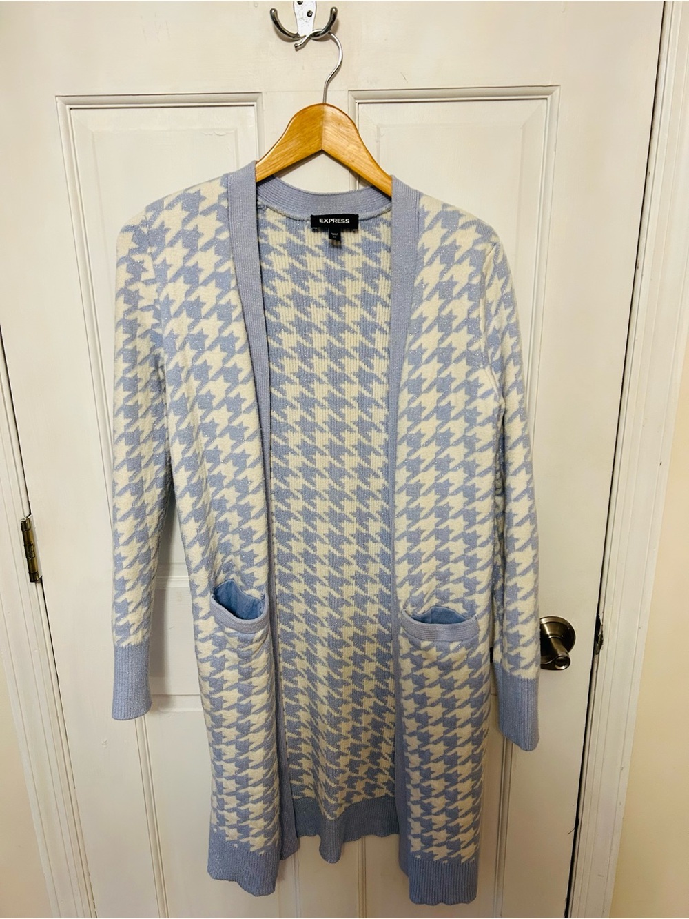 Express Light Blue & Cream Houndstooth Knit Cardigan